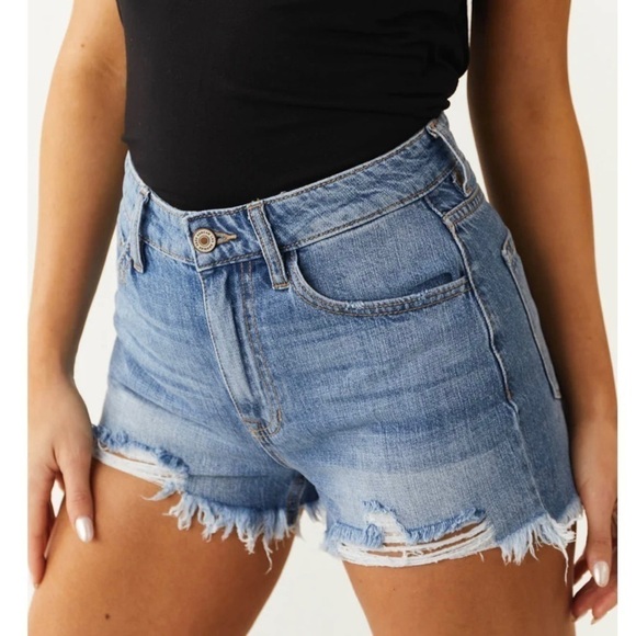 Kancan Medium Wash High Rise Distressed Hem Shorts - Picture 7 of 9